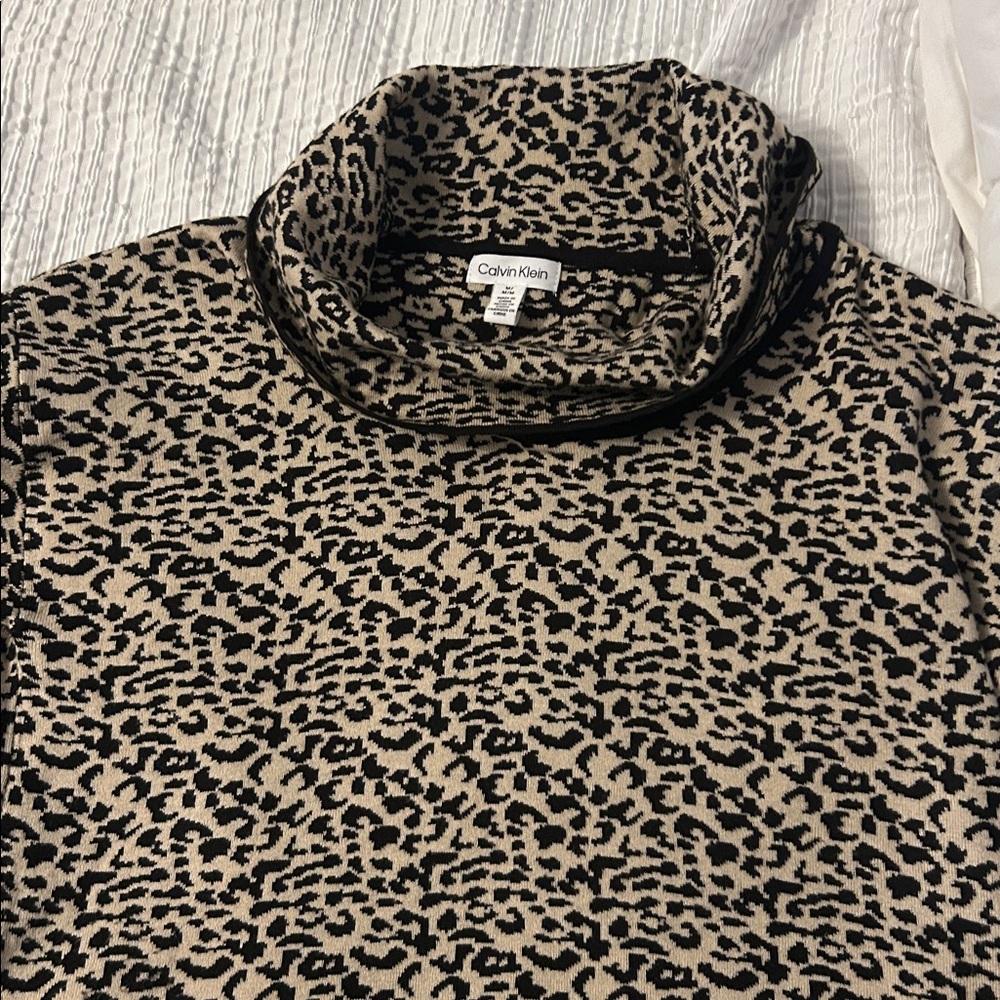 Calvin Klein Leopard Print Cowl Neck Sweater - Black and Tan